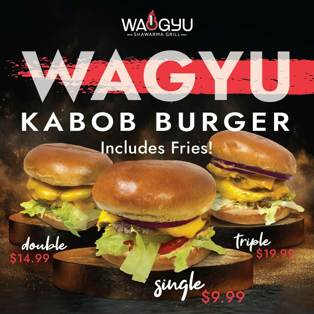 Single, double, and triple Wagyu kabob burgers with cheese, lettuce, tomato, onion, and pickles
