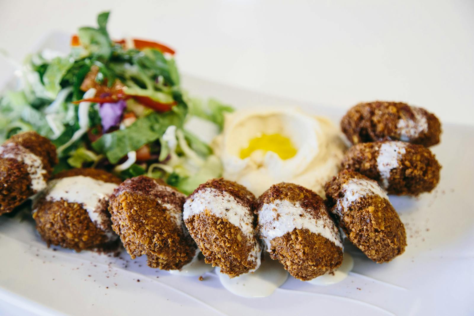 Falafel platter with salad, pickles, hummus, and warm pita